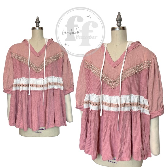 POL Pink White Strawberry Milk Pearl and Stud Embellished Color Block Hoodie Top - Picture 2 of 5